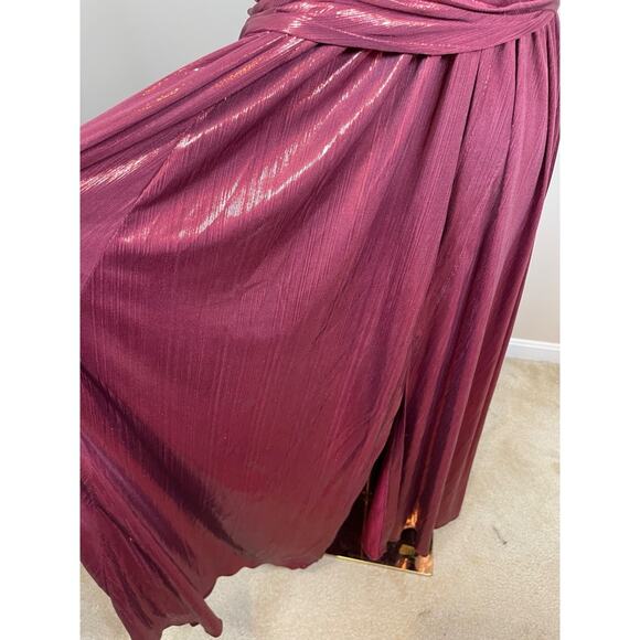 Retrofete Waldorf Strapless Pleated Metallic Lame Port Red Maxi Dress Sz XL - Picture 4 of 10
